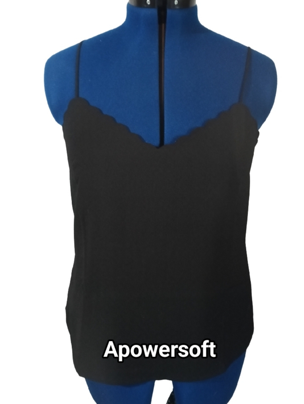 Black Scallop V-Neck Spaghetti Strap Top - Women